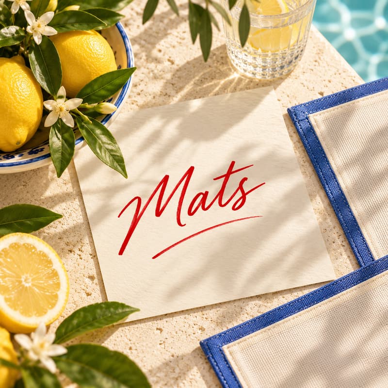 A card reading “Mats” beside a blue-bordered linen mahjong mat, lemons, and lemonade by the pool