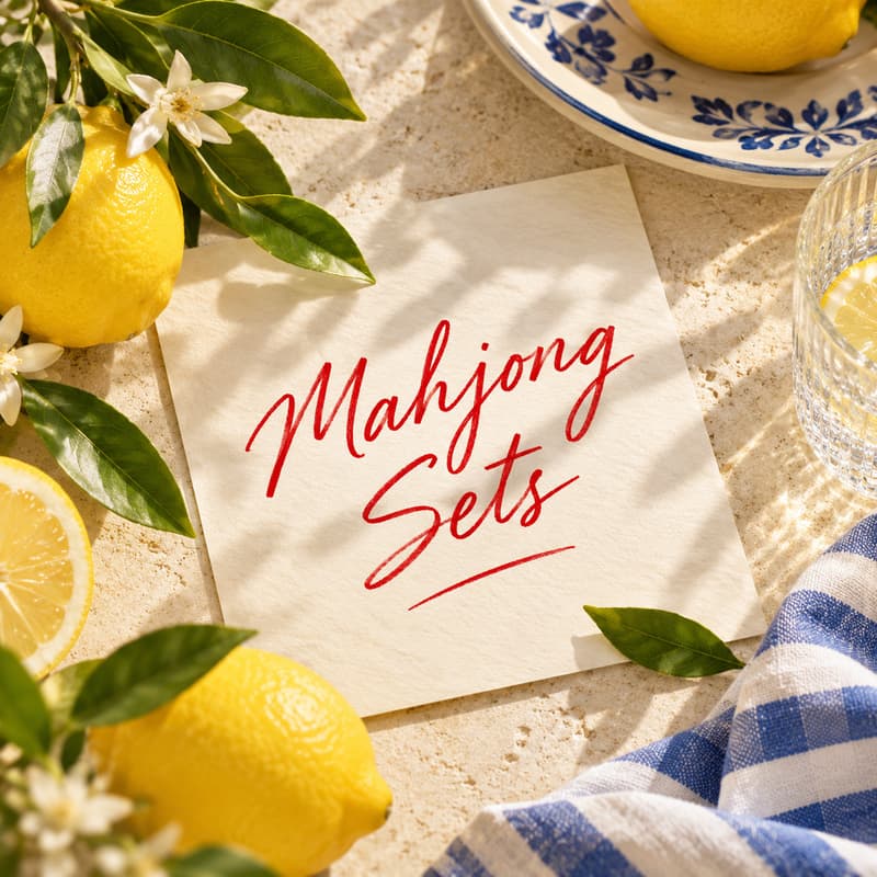A card reading “Mahjong Sets” on a sunny table with lemons, a blue-and-white bowl, and a striped napkin