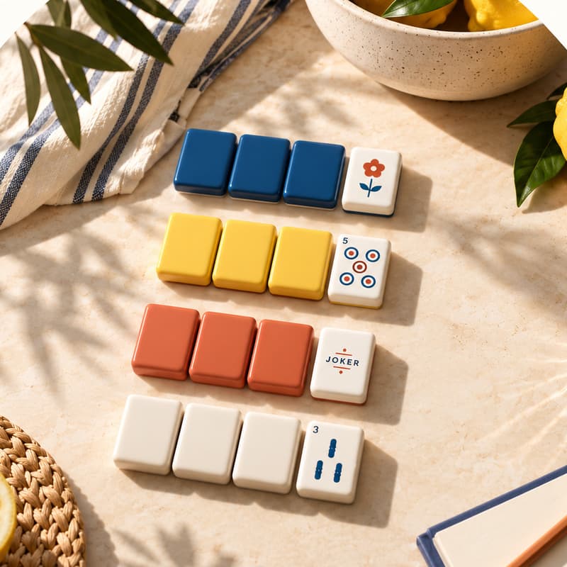 Rows of mahjong tiles in Riviera blue, lemon yellow, terracotta, and white beside lemons and a rattan coaster