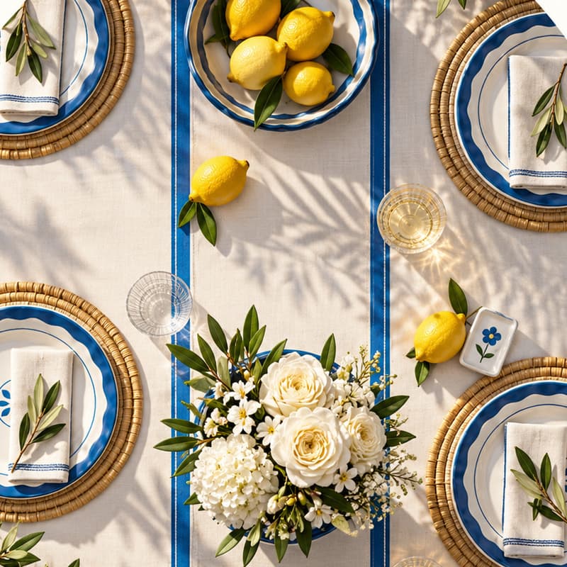 A table set for four on blue-striped linen, with rattan chargers, blue-and-white plates, lemons, and white flowers