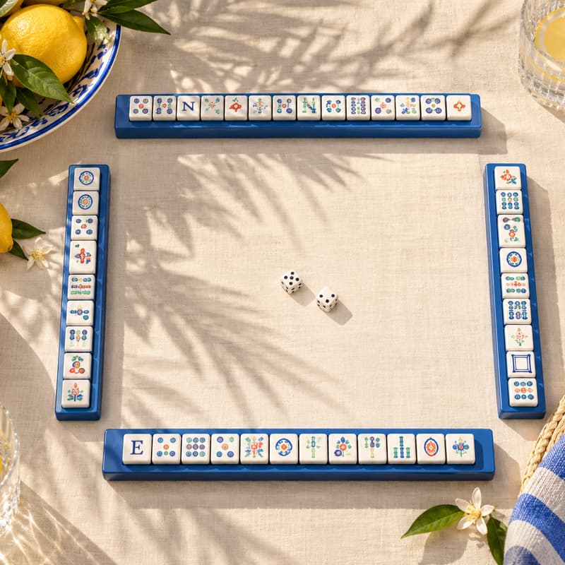 A mahjong game set up on a sunny table, seen from above, with blue racks, tiles, dice, and lemons