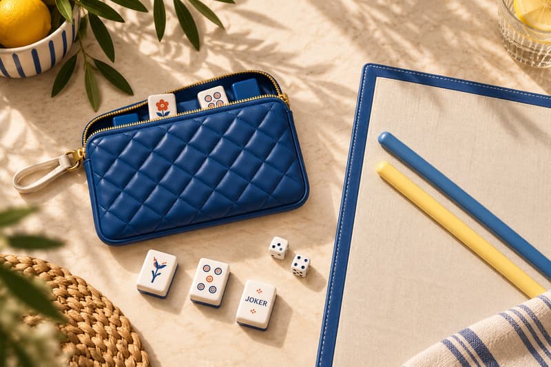 A blue quilted mahjong case, tiles, dice, and blue and yellow pushers on a sunny table