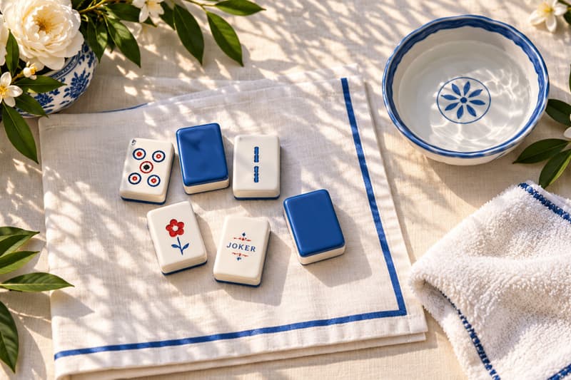 Mahjong tiles on a blue-trimmed linen cloth beside a blue-and-white bowl and a soft towel