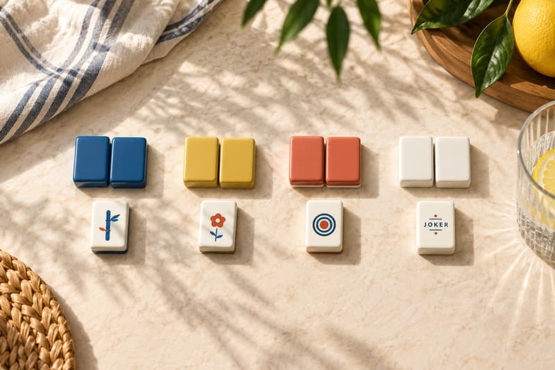 Mahjong tiles in four colorways, blue, yellow, terracotta, and white, laid out in the sun