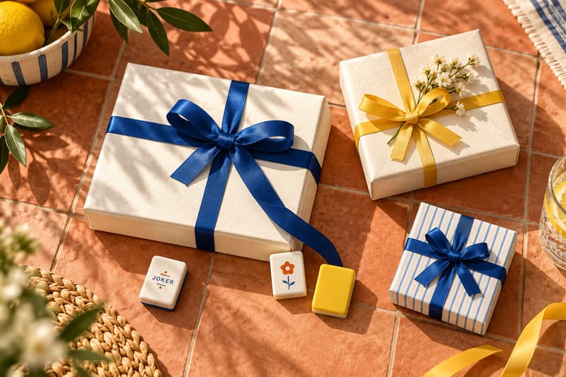 Gift boxes tied with blue and yellow ribbons on a terracotta terrace beside mahjong tiles
