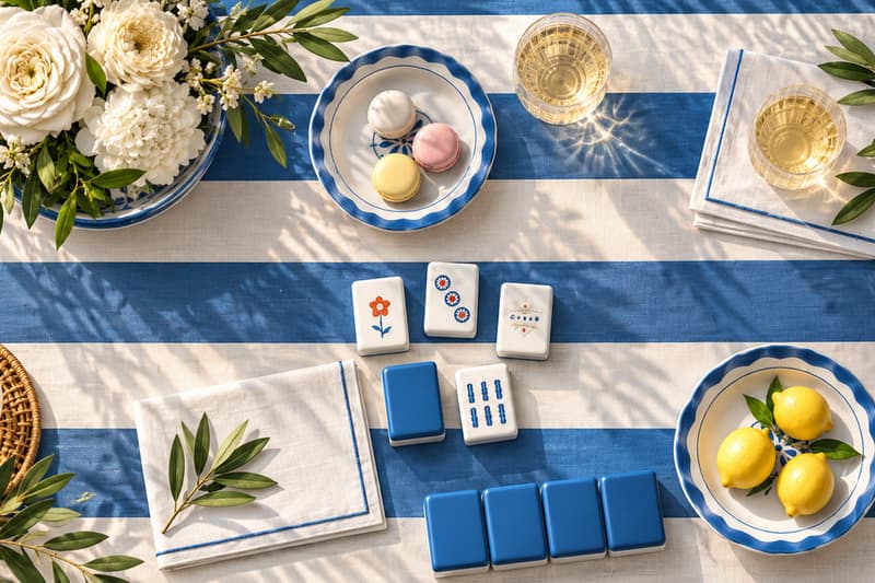 A mahjong table set for guests on blue-and-white striped linen, with flowers, lemons, macarons, and glasses