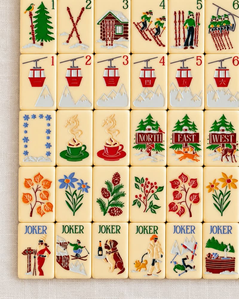 Close-up of Chalet Set tile faces with gondolas, cocoa cups, alpine flowers and ski jokers
