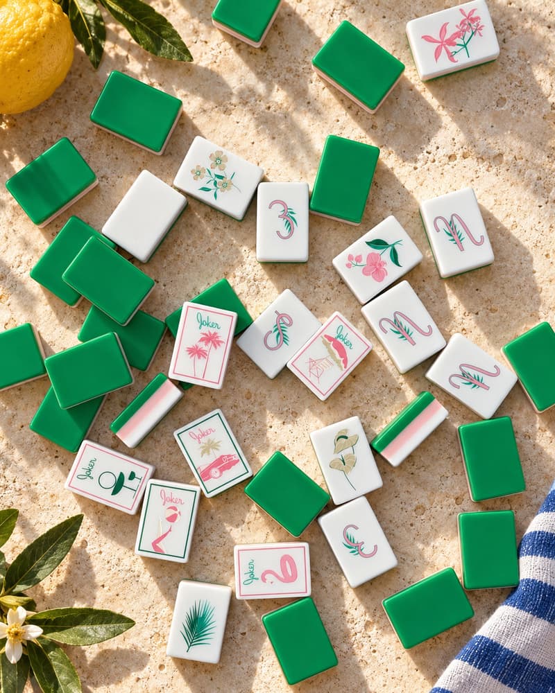 Flamingo Set tiles scattered on a sunny table, with emerald backs and flamingo and palm faces