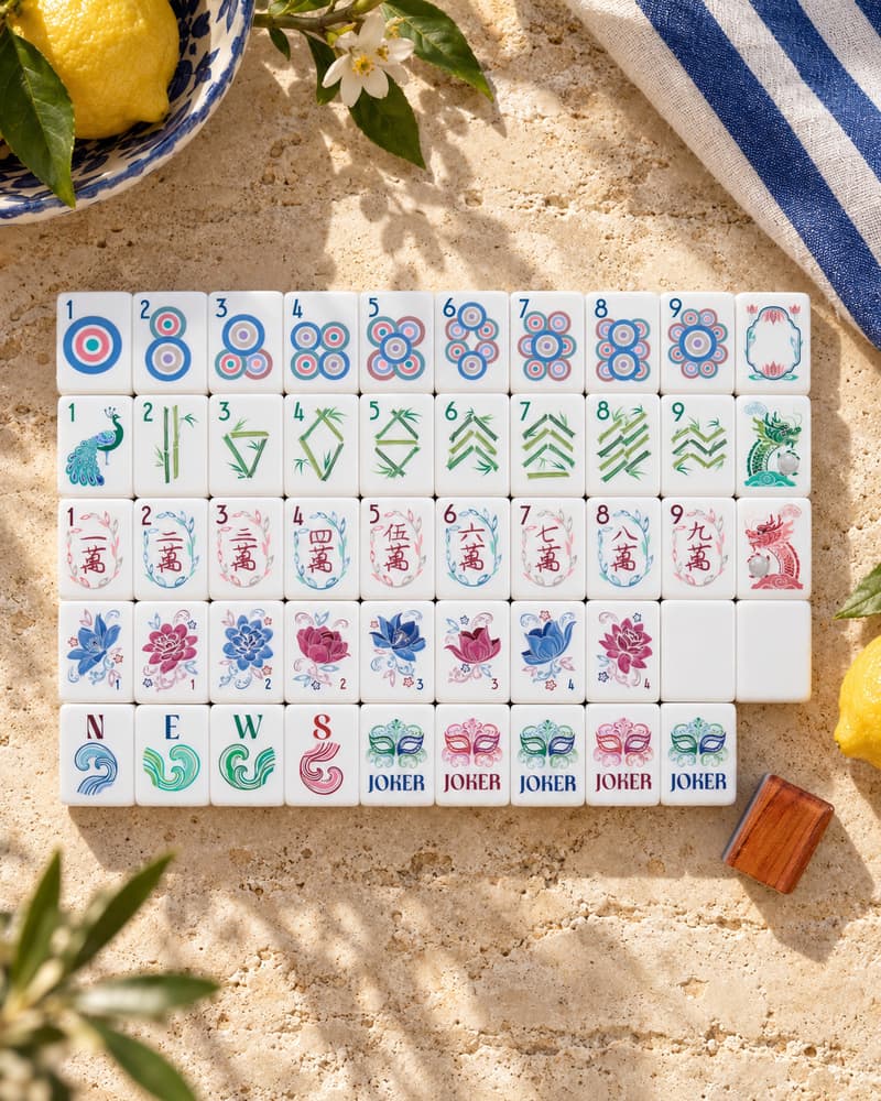 The Marina Set laid out in rows on a sunny stone table, with soft blue, pink and green faces