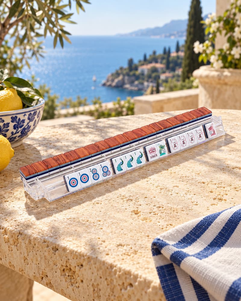 Marina Set tiles with wood-look backs standing in an acrylic rack by the sea