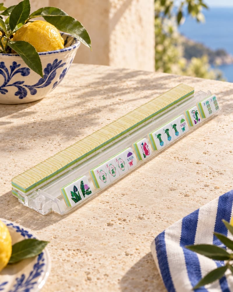 Palm Grove Set tiles with sage backs standing in an acrylic rack by the sea