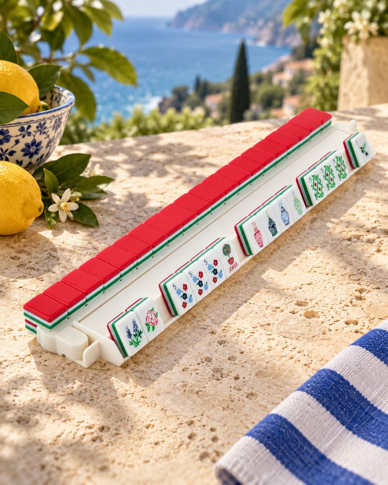 Pergola Set tiles with cherry-red backs standing in a rack by the sea