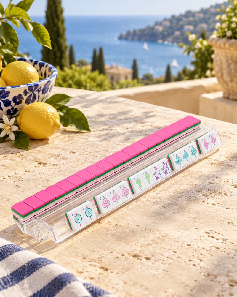 Positano Set tiles with pink backs standing in an acrylic rack by the sea