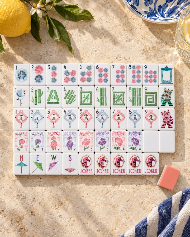 The Sorrento Set laid out in rows on a sunny stone table, with pink, lilac and green faces