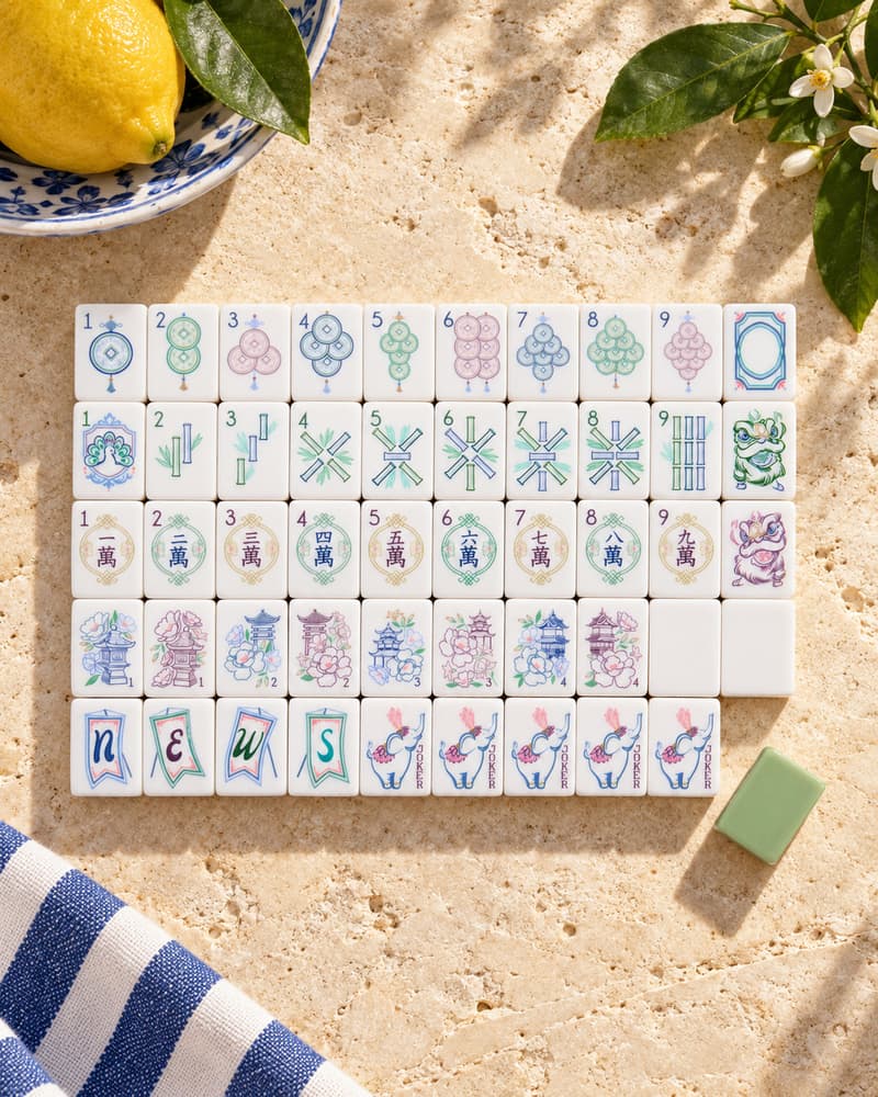 The Terrazza Set laid out in rows on a sunny stone table, with soft blue, green and lilac faces