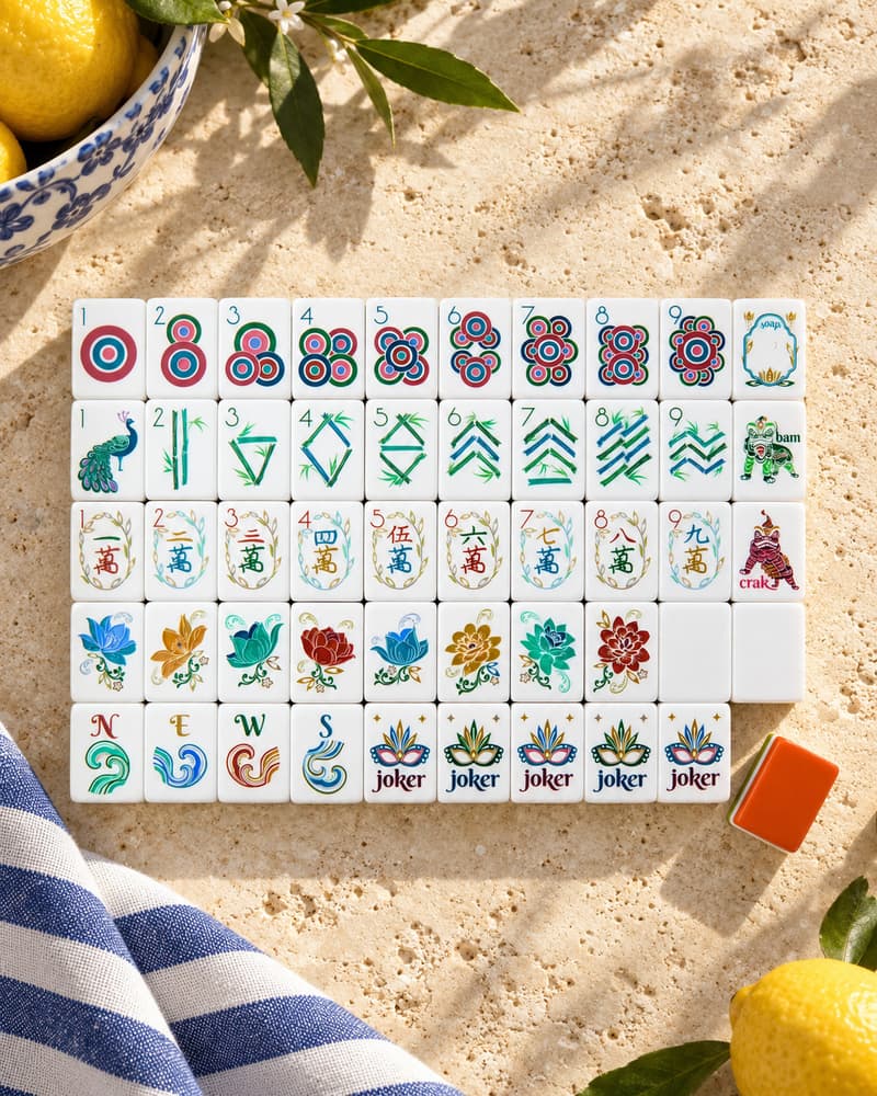 The Venezia Set laid out in rows on a sunny stone table, with rich lotus, wave and mask faces