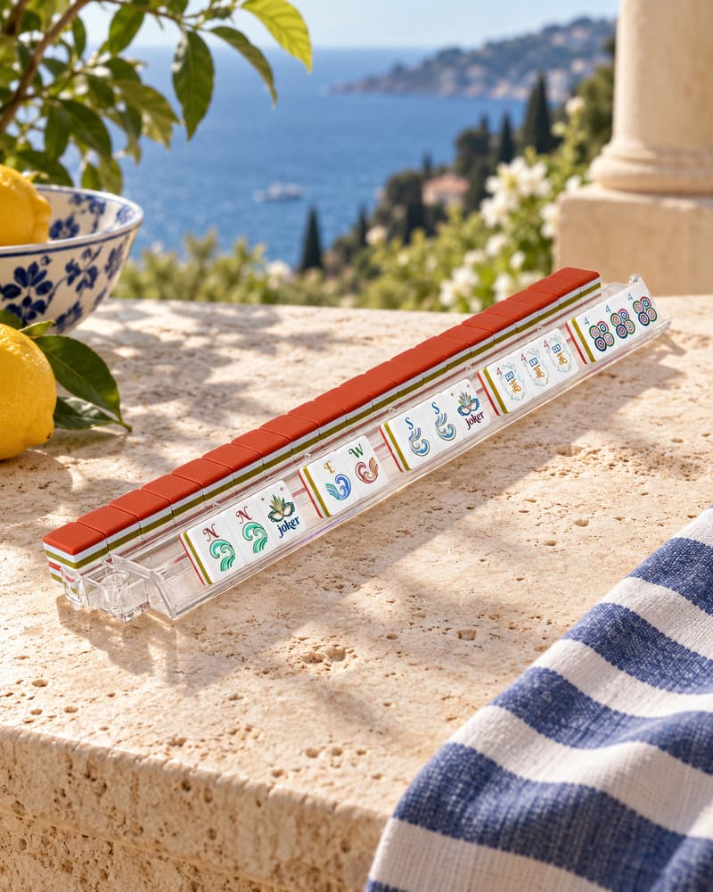 Venezia Set tiles with burnt-orange backs standing in an acrylic rack by the sea